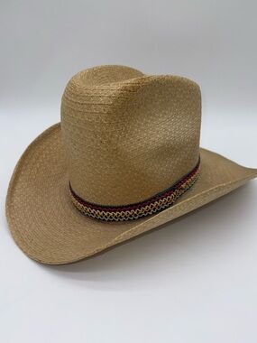 VTG 70's 80's Classic Straw Cowboy Hat 7 1/8 Woven Colorful Hatband Rockabilly